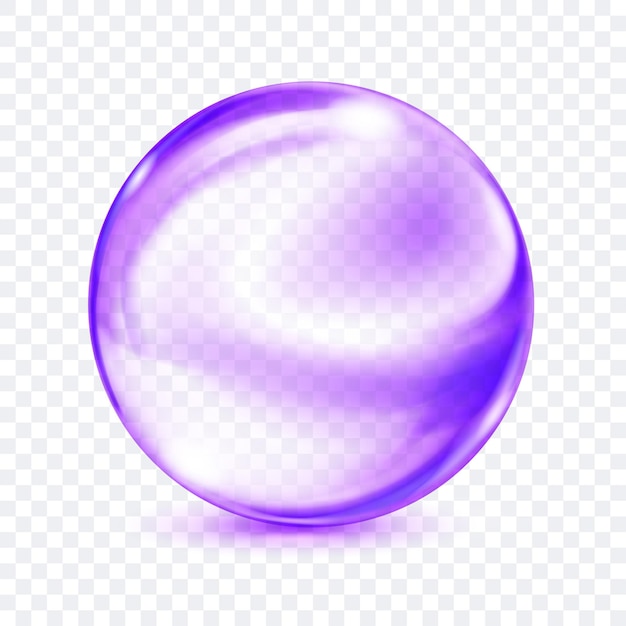 Una sola esfera púrpura translúcida y lisa con resplandores y una sombra suave y sutil debajo de ella en un fondo transparente Ilustración vectorial para proyectos de diseño y obras creativas