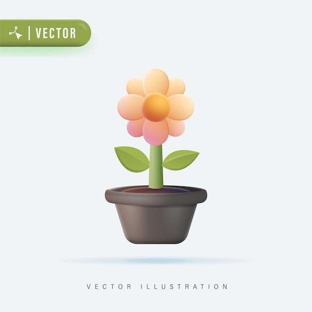 Sola flor realista 3D en la ilustración del vector del pote. Concepto de jardinería. icono de vector 3d.