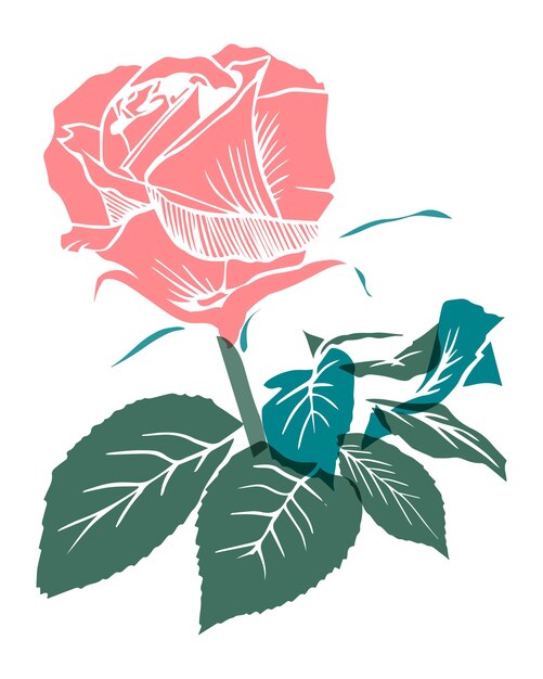 Una sola flor de rosa vectorial con hojas efecto de impresión riso aislado en fondo blanco