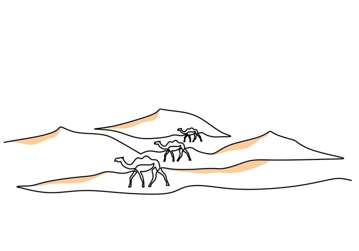 Una sola línea continua de camellos en el desierto aislado sobre fondo blanco.