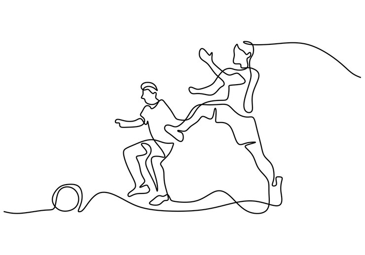 Una sola línea continua de chicos jugando al fútbol aislado sobre fondo blanco.
