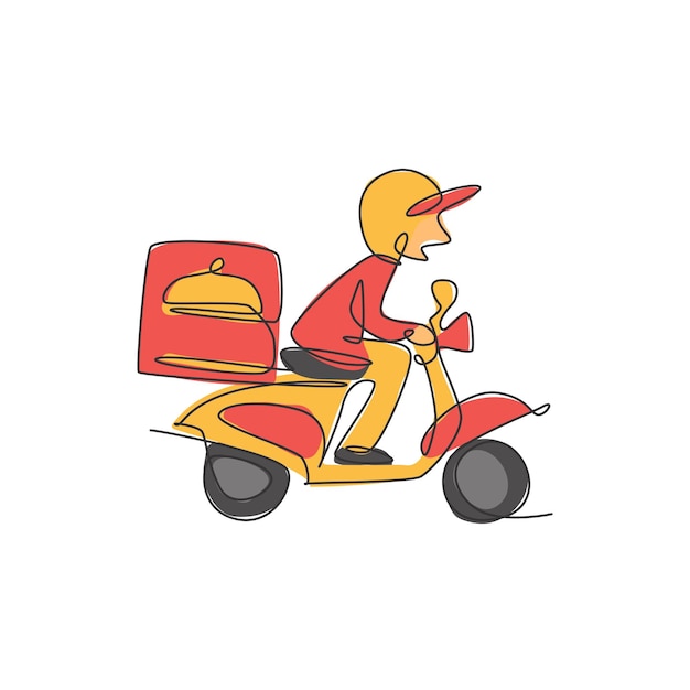 Una sola línea continua dibuja a un joven conduciendo una motocicleta con una caja para el logo de entrega de alimentos