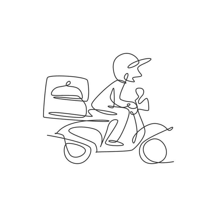Vector una sola línea continua dibuja a un joven conduciendo una motocicleta con una caja para el logo de entrega de alimentos