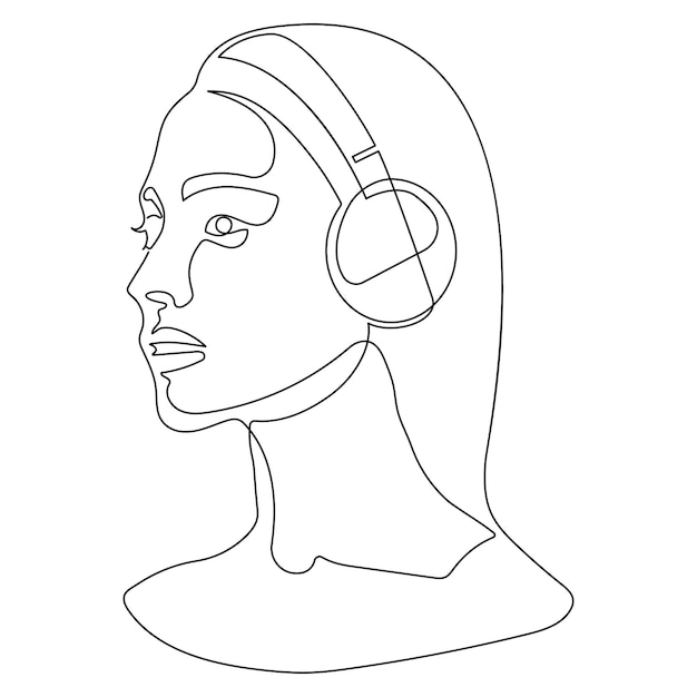 Una sola línea continua dibujada arte garabato auriculares niña música cabeza hermosa belleza mujer cabello sonido retrato cara mujer audio auricular Imagen aislada dibujada a mano
