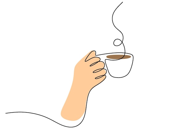 Una sola línea continua dibujada a mano con café burbujeante levantando la mano aislado en fondo blanco