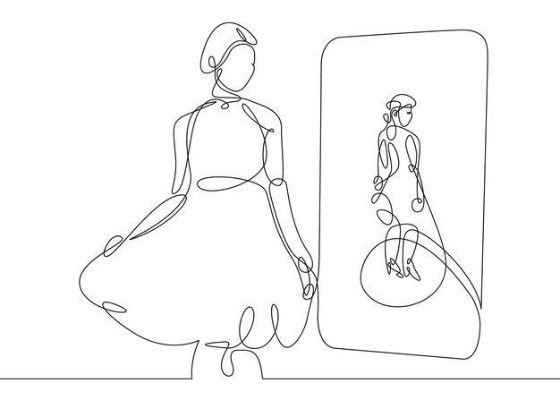 Una sola línea continua dibujada mujeres vestidas de noche vestidas frente al espejo El concepto de moda es maquillaje