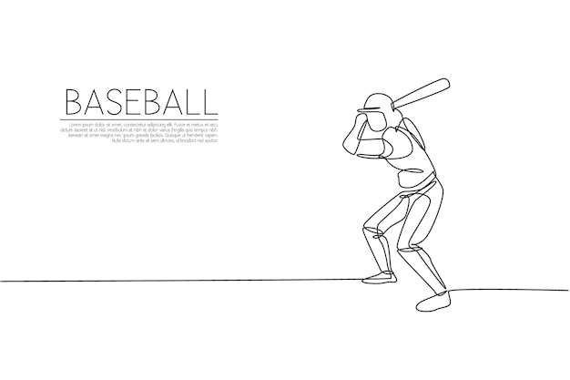 Una sola línea continua dibujando ágil mujer jugador de béisbol práctica para golpear la pelota Vector de diseño deportivo