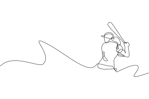 Una sola línea continua dibujando ágil mujer jugador de béisbol práctica para golpear la pelota Vector de diseño