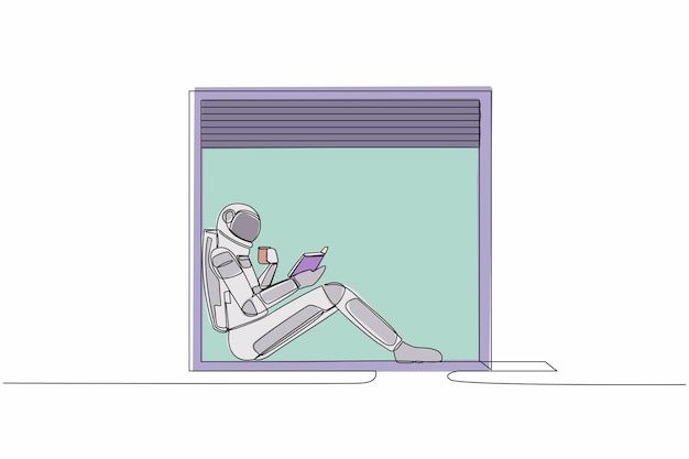 Una sola línea continua dibujando a un astronauta en el alféizar de la ventana con una taza de café caliente o té leyendo un libro