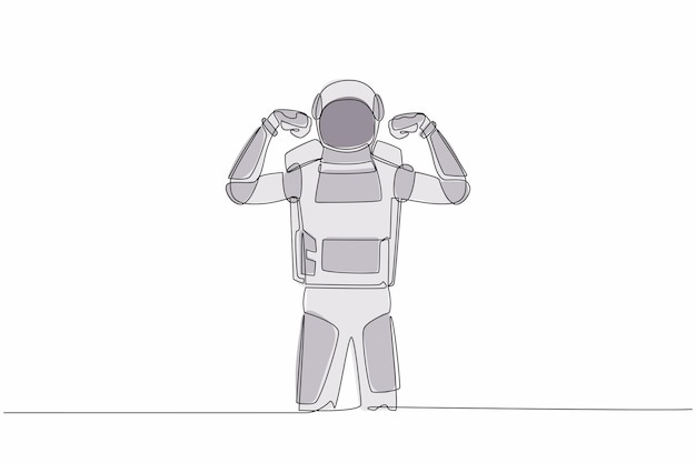 Una sola línea continua dibujando astronauta de pie con gestos dos puños de la mano hacia arriba vector de diseño