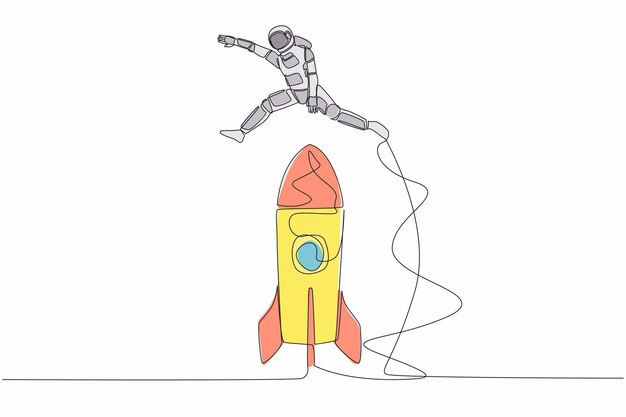 Una sola línea continua dibujando a un astronauta saltando sobre una gran nave espacial. Ilustración vectorial de cohetes