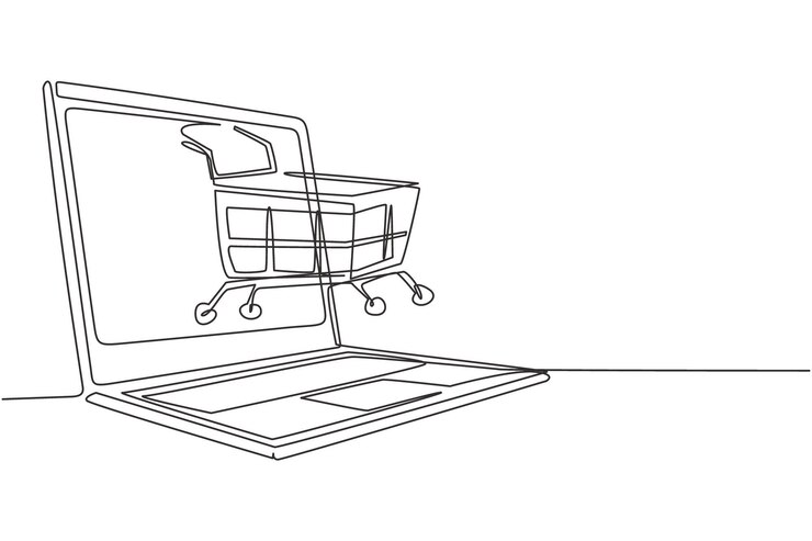 Vector una sola línea continua dibujando el carrito de compras de la computadora portátil marketing digital de estilo de vida digital