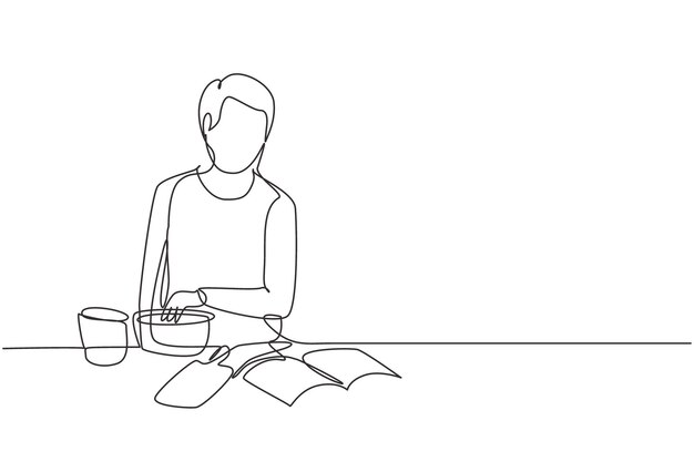 Una sola línea continua dibujando una comida de cocina masculina mientras lee un libro tutorial sobre cocina acogedora