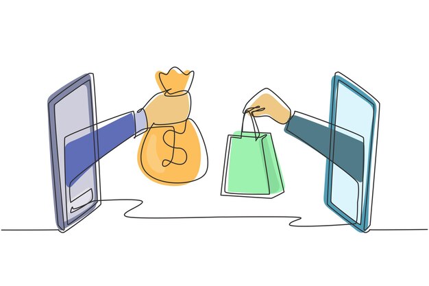 Una sola línea continua dibujando dos manos fuera de la pantalla del teléfono inteligente para intercambiar bolsas de compras