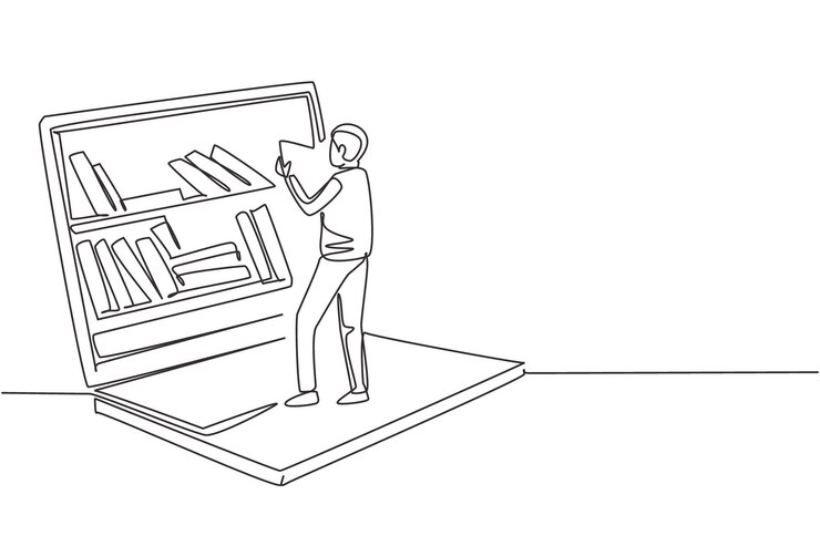 Vector una sola línea continua dibujando a un estudiante leyendo un libro mientras está de pie frente a una computadora portátil con estantería