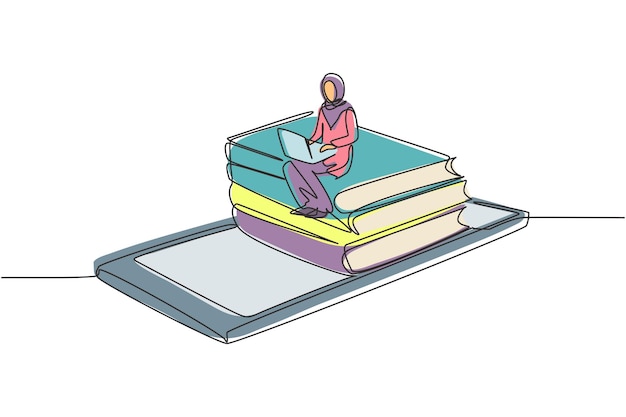 Una sola línea continua dibujando un estudiante universitario de hijab sentado en una pila de libros escribiendo en un teléfono inteligente