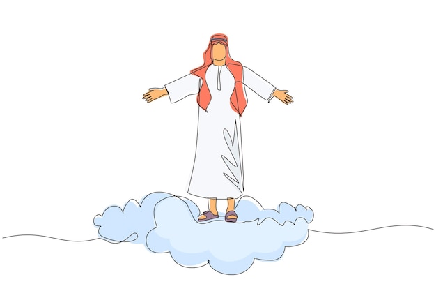 Una sola línea continua dibujando feliz hombre de negocios árabe en la parte superior de la nube con la mano levantada exitoso