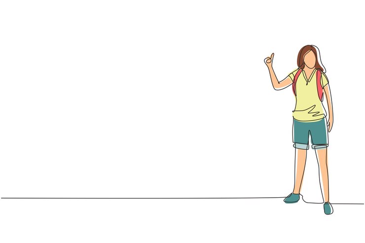 Vector una sola línea continua dibujando hembra con mochila viajando por parada automática vector de carretera de pulgar hacia arriba.