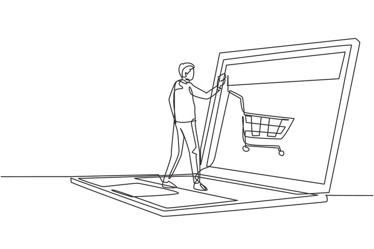 Vector una sola línea continua dibujando a un hombre joven comprando en línea a través de una pantalla gigante de computadora portátil con carrito de compras