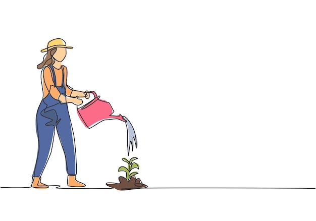 Una sola línea continua dibujando a una joven agricultora que riega las plantas usando un vector de riego