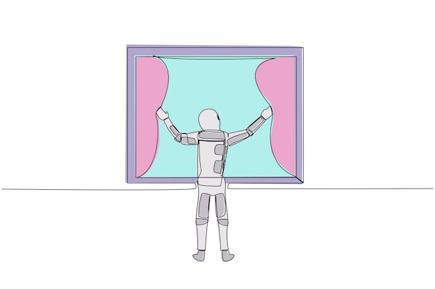 Una sola línea continua dibujando a un joven astronauta abriendo cortinas de ventana en la superficie de la luna Despertar