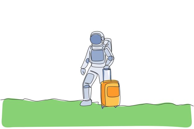 Una sola línea continua dibujando a un joven astronauta que lleva una bolsa de equipaje y quiere viajar en la superficie lunar