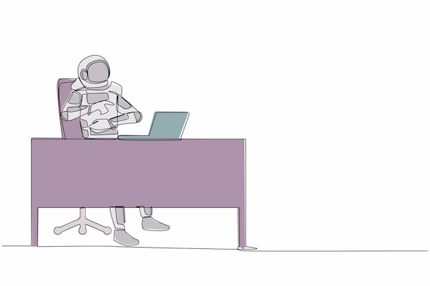 Una sola línea continua dibujando a un joven astronauta riendo en voz alta mientras señala su dedo a la computadora portátil