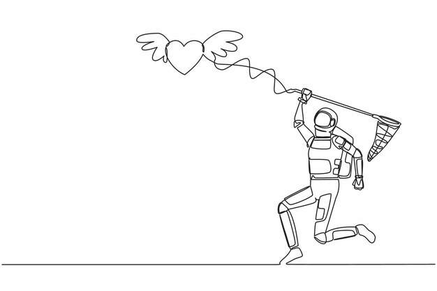 Una sola línea continua dibujando a un joven astronauta tratando de atrapar un corazón volador con una red de mariposas