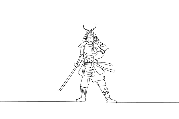 Una sola línea continua dibujando a un joven y fuerte shogun samurái con uniforme tradicional sosteniendo una espada