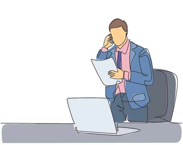 Una sola línea continua dibujando a un joven gerente de marketing leyendo un informe de ventas recibiendo una llamada telefónica