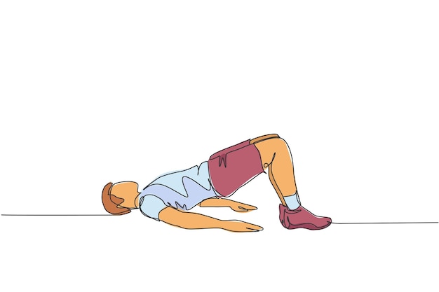 Una sola línea continua dibujando a un joven haciendo ejercicio haciendo estiramientos de elevación de cadera en el gimnasio del centro deportivo