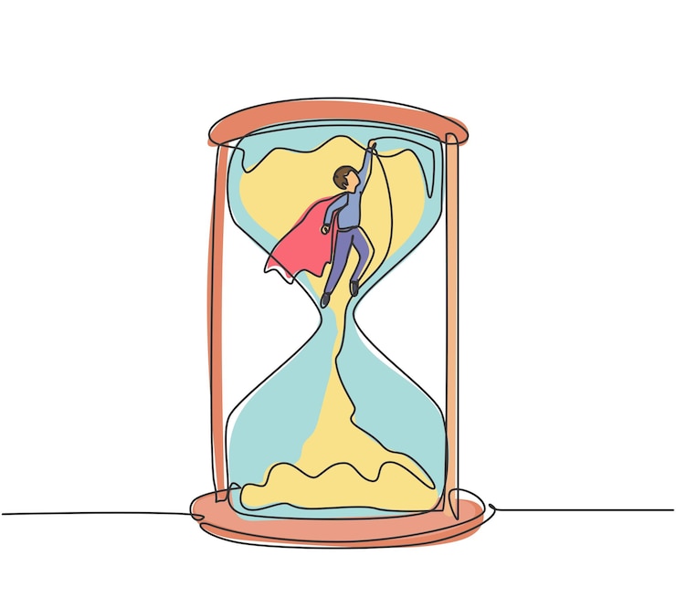 Vector una sola línea continua dibujando a un joven hombre de negocios con un ala volando para salir del vector de reloj de arena