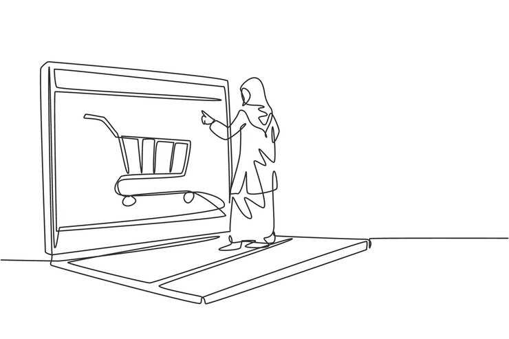 Vector una sola línea continua dibujando a una joven mujer árabe haciendo compras a través de la pantalla de una computadora portátil con un carrito de compras