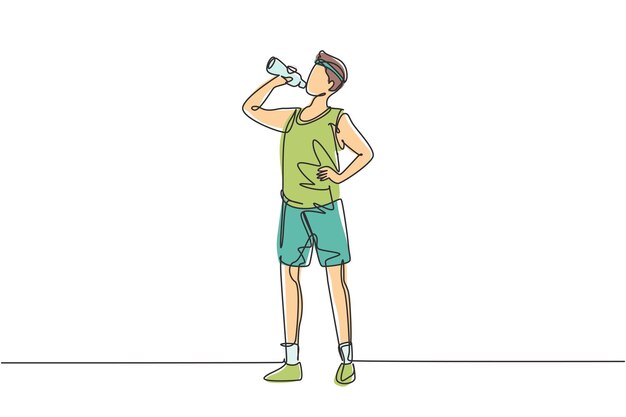Una sola línea continua dibujando a un joven de pie y bebiendo agua dulce del vector de diseño de la botella