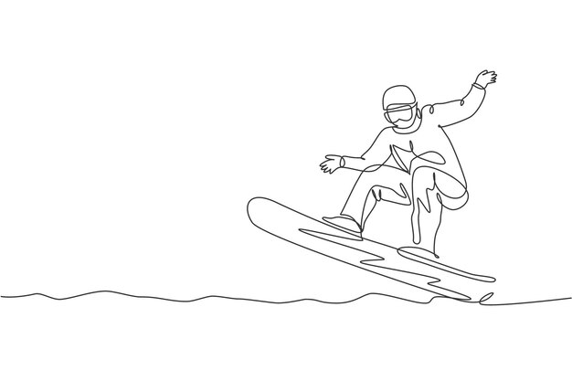 Una sola línea continua dibujando a un joven snowboarder deportivo montando snowboard en un deporte extremo de montaña