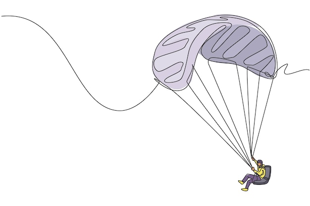 Una sola línea continua dibujando a un joven volando con paracaídas en parapente en el vector deportivo del cielo