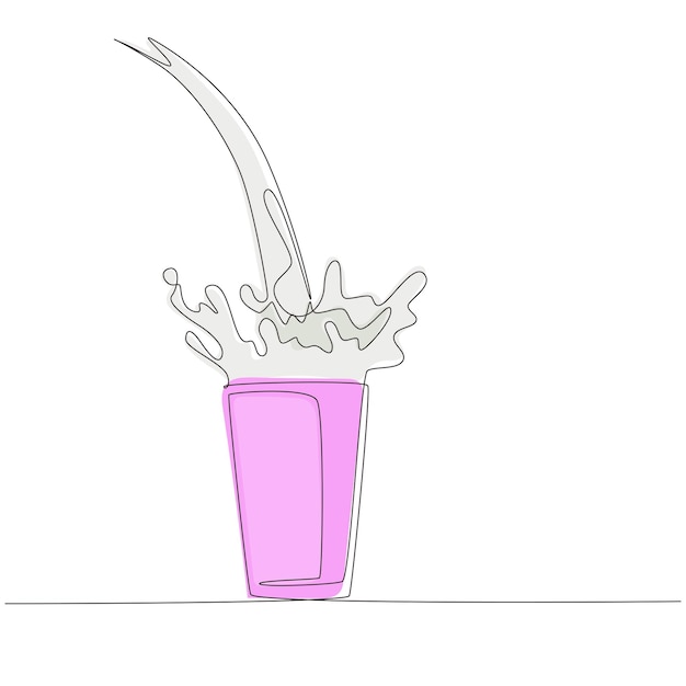 Una sola línea continua dibujando leche vertiendo en un vaso creando salpicaduras salpicando leche en un vaso.
