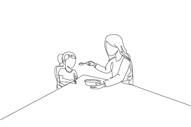 Una sola línea continua dibujando a la madre alimentando a su hija enferma de fiebre mientras se sienta la paternidad familiar
