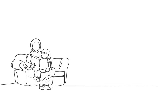 Una sola línea continua dibujando a una madre árabe sentada en un sofá leyendo un libro a su hija vector