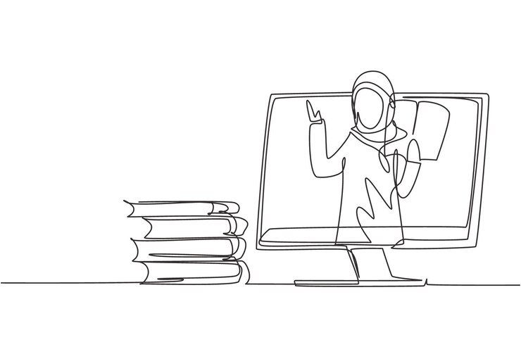 Vector una sola línea continua dibujando la maestra árabe está enseñando la mitad de su cuerpo fuera de la pantalla del monitor
