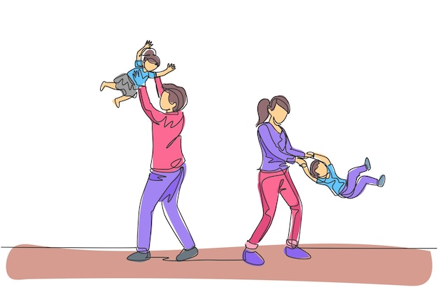 Una sola línea continua dibujando a mamá y mamá jugando con su hijo e hija en casa Familia feliz