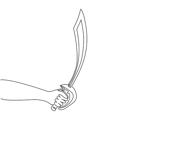 Una sola línea continua dibujando mano sosteniendo cuchillo sable pirata vector de espada curva de piratas