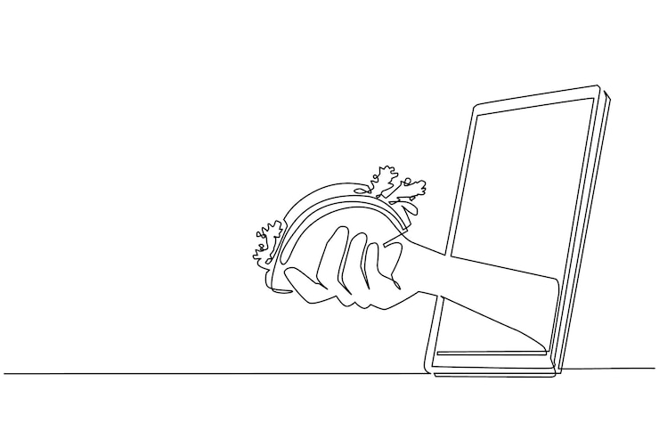 Vector una sola línea continua dibujando la mano sosteniendo un taco mexicano a través de una ilustración de diseño de teléfono móvil
