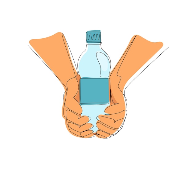 Una sola línea continua dibujando manos sosteniendo una botella de plástico de agua potable pura refrescante vector.