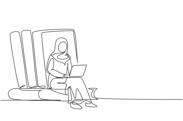 Una sola línea continua dibujando mujer árabe estudiando con una computadora portátil sentada y apoyada en grandes libros