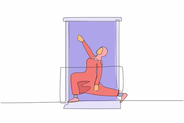 Una sola línea continua dibujando a una mujer árabe sana con auriculares practicando yoga vector de diseño