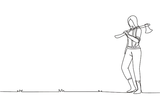 Una sola línea continua dibujando una mujer bonita leñadora de pie sosteniendo un hacha usando una camisa de vaqueros vectorial.