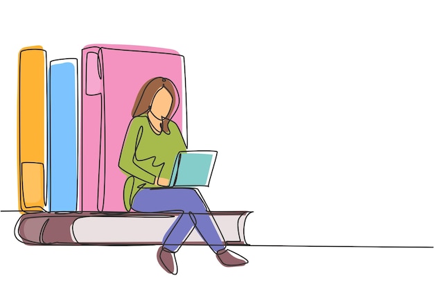 Una sola línea continua dibujando a una mujer estudiando con una computadora portátil y sentada y apoyándose en grandes libros vectoriales