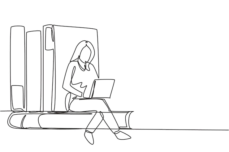 Vector una sola línea continua dibujando a una mujer estudiando con una computadora portátil y sentada y apoyándose en grandes libros vectoriales