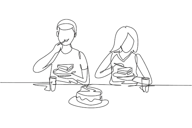 Una sola línea continua dibujando una mujer joven comiendo frutas con la mano feliz y disfrutando del postre